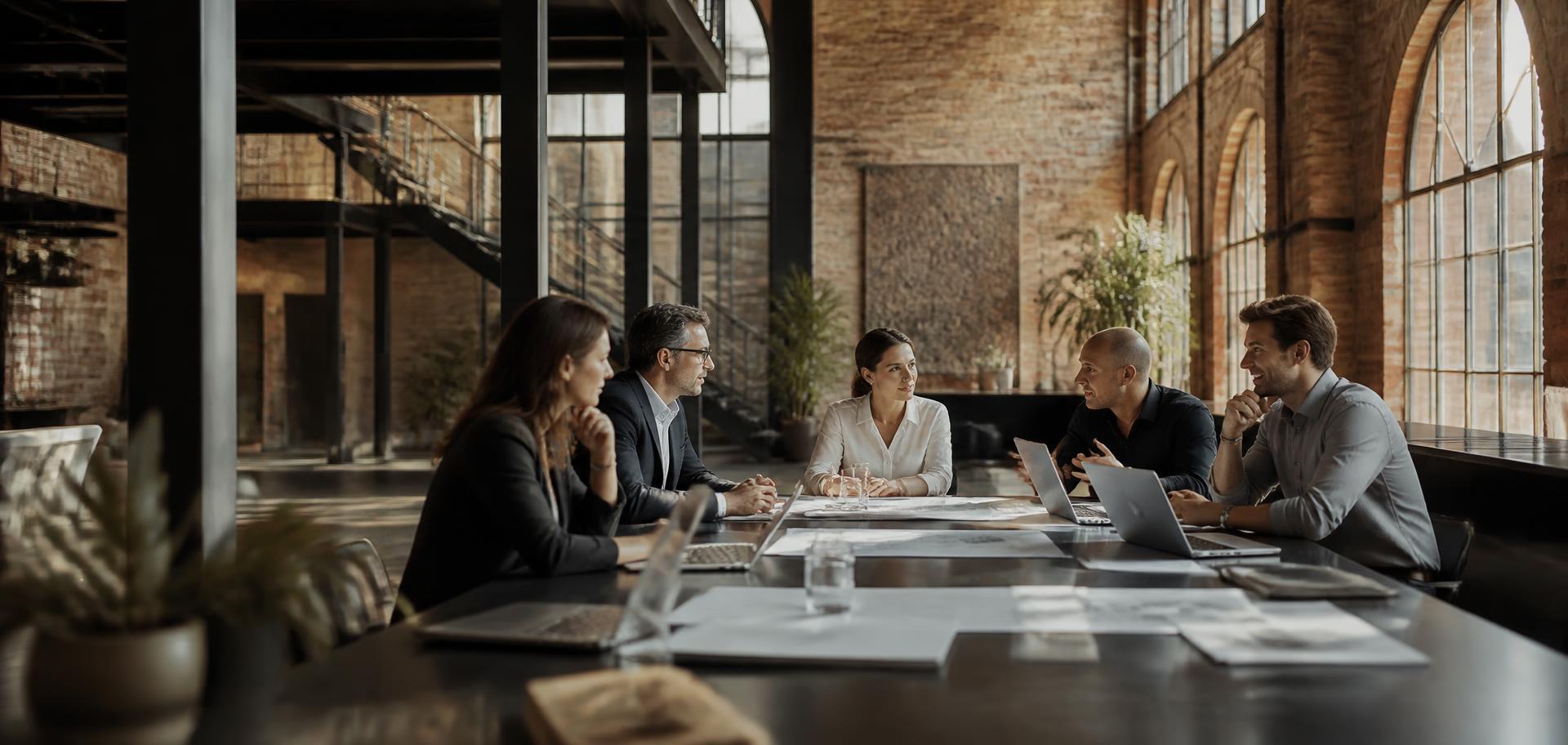 Business team in a strategy workshop around a long table in a warehouse-conversion office